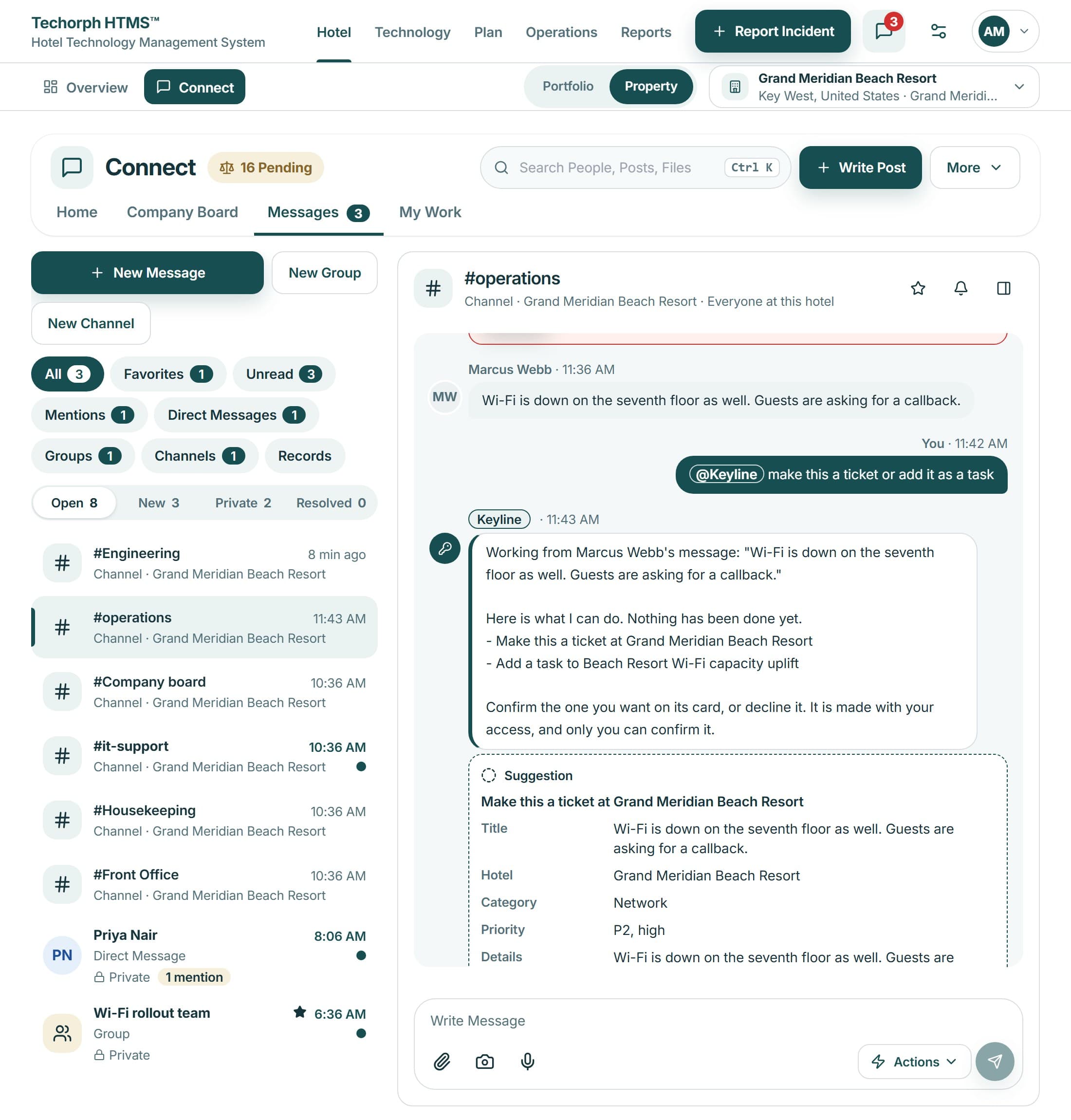Connect channel where a colleague reports a fault and Keyline offers a Service Desk ticket.