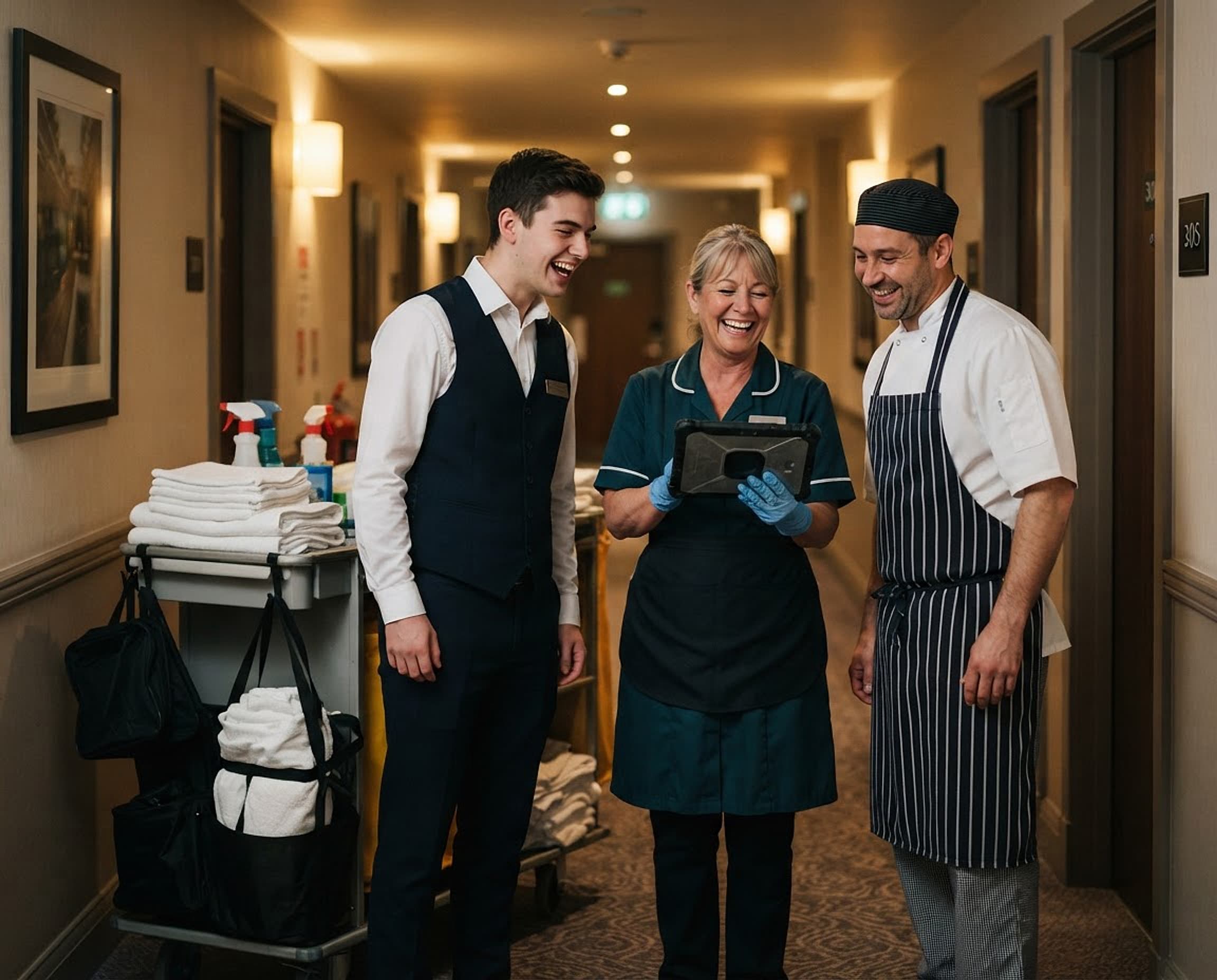 Concept image: three hotel colleagues in different uniforms laughing together around a tablet