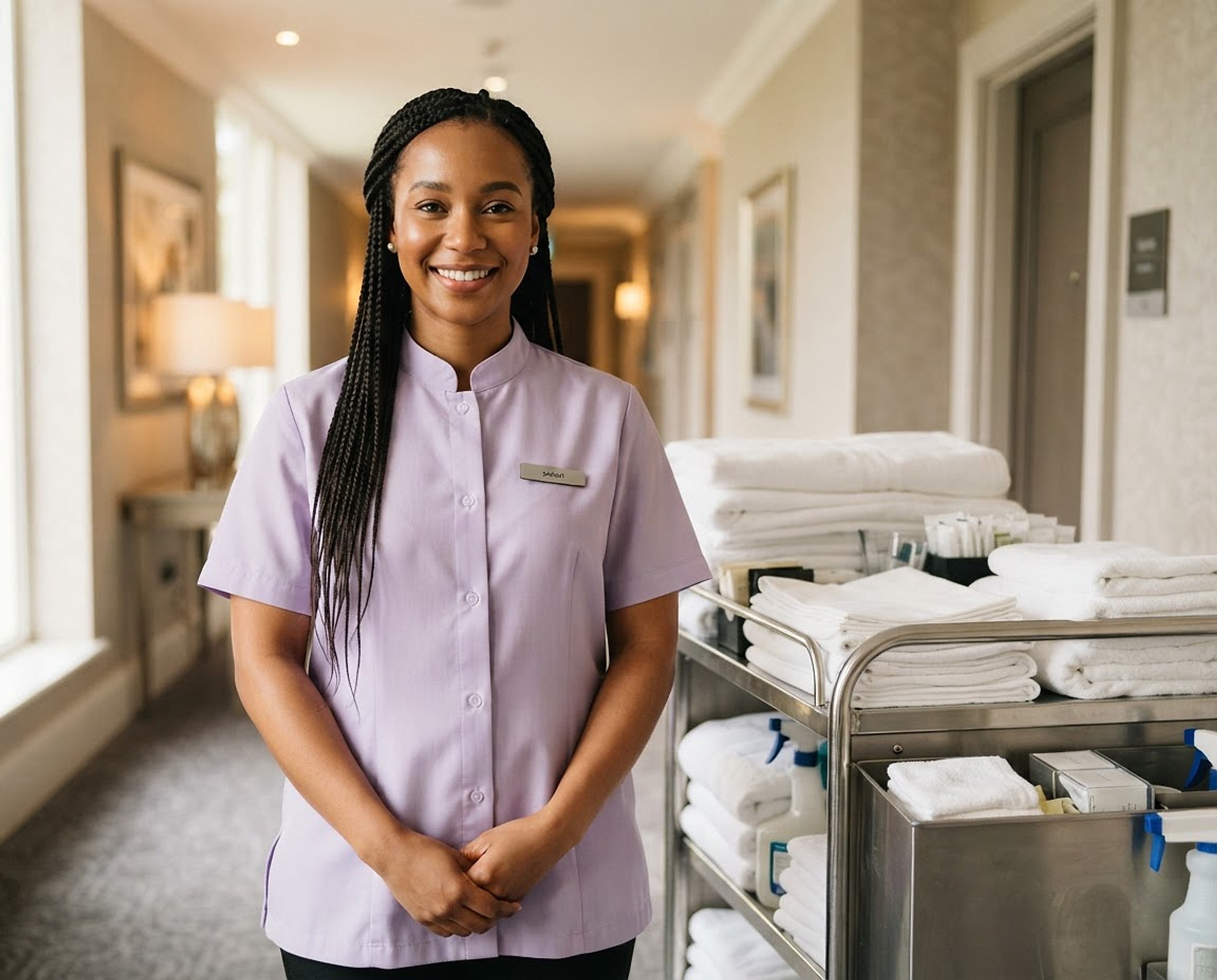 Concept image: a housekeeping supervisor beside a linen cart