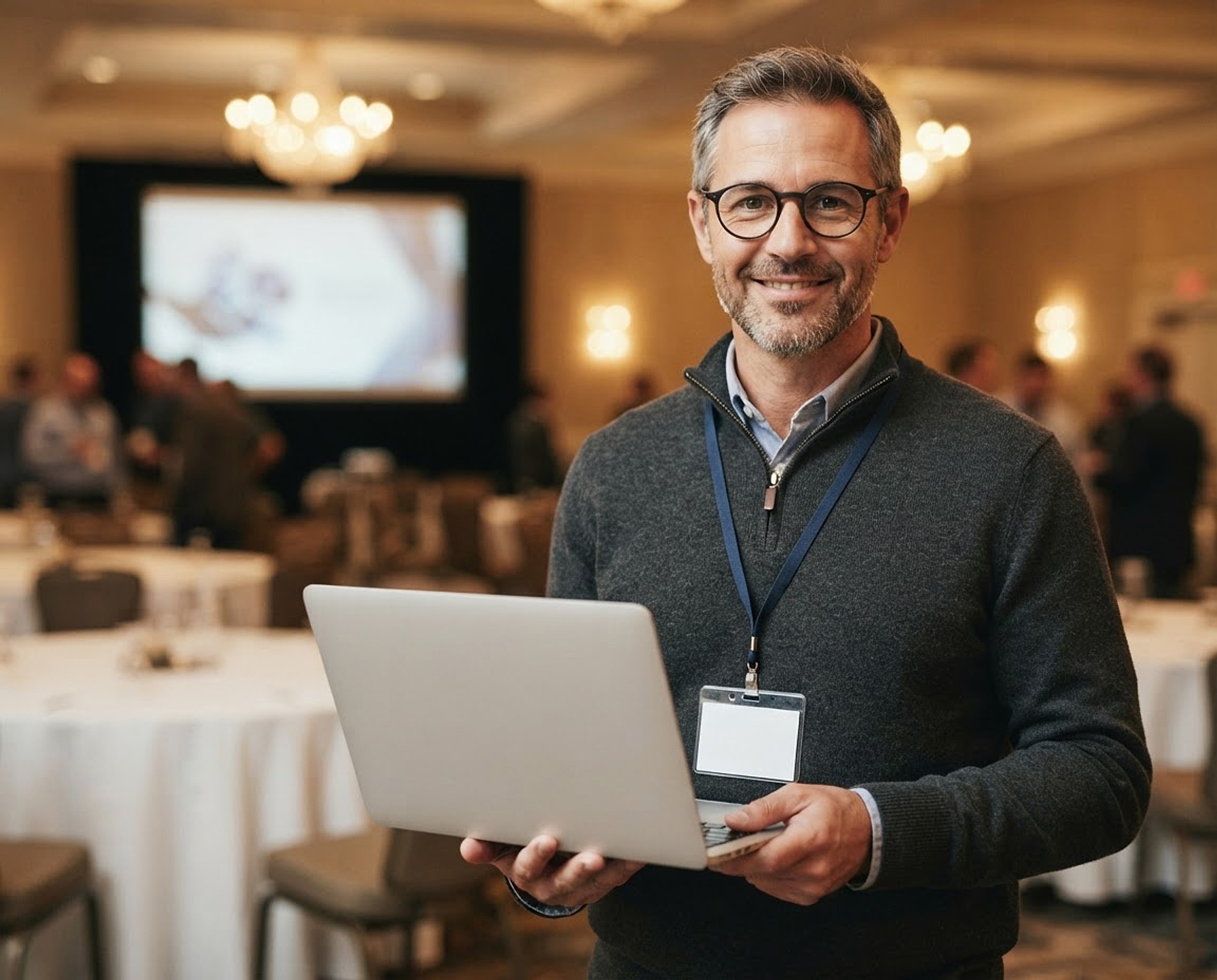 Concept image: a hotel IT systems administrator with a laptop in a hotel ballroom