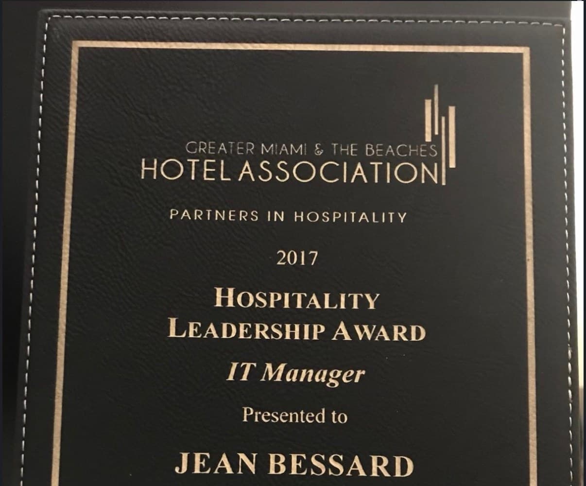 2017 GMBHA Hospitality Leadership Award plaque, IT Manager category, presented to Jean Bessard