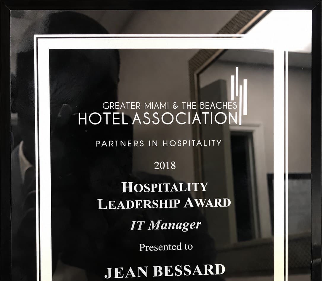 2018 GMBHA Hospitality Leadership Award plaque, IT Manager category, presented to Jean Bessard