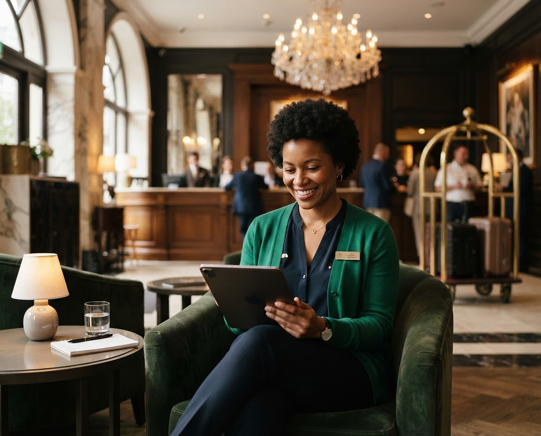Concept image: a hotel department head smiling at a tablet in the lobby lounge