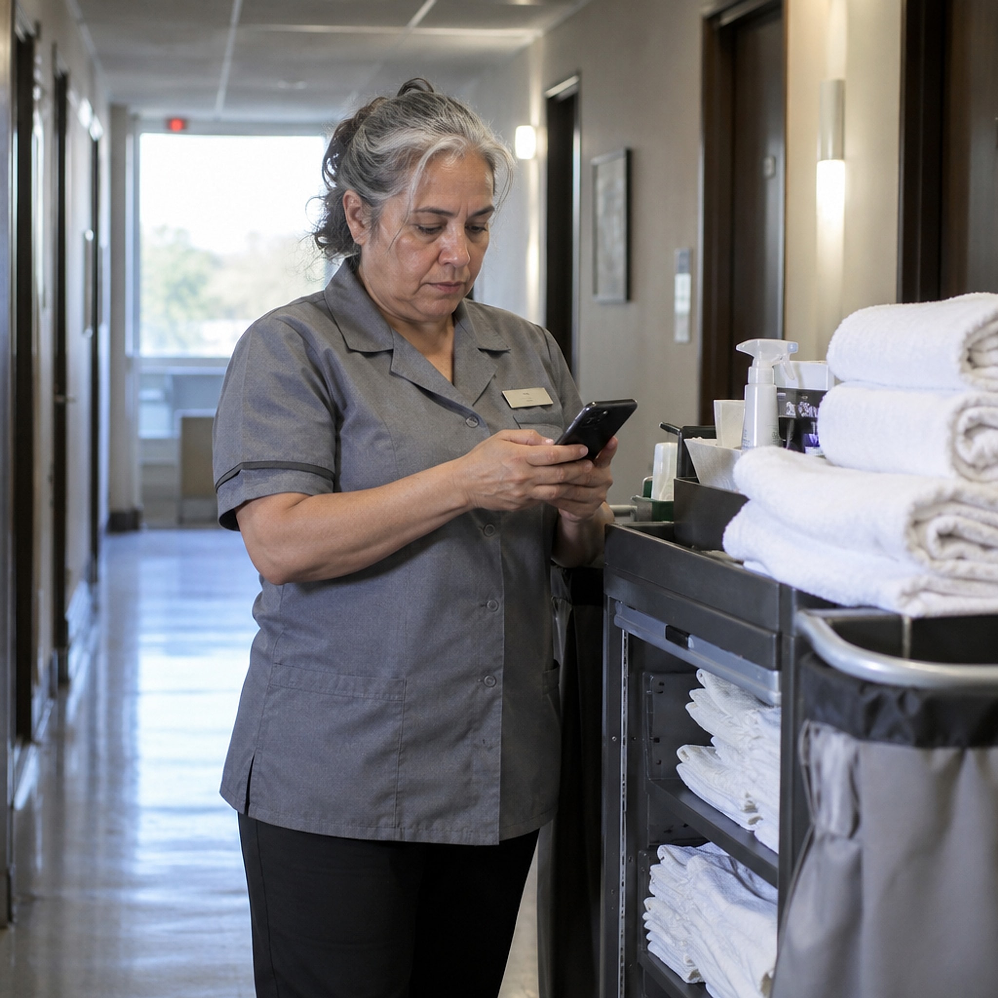 Concept image: a hotel operations team lead in a guest-floor corridor