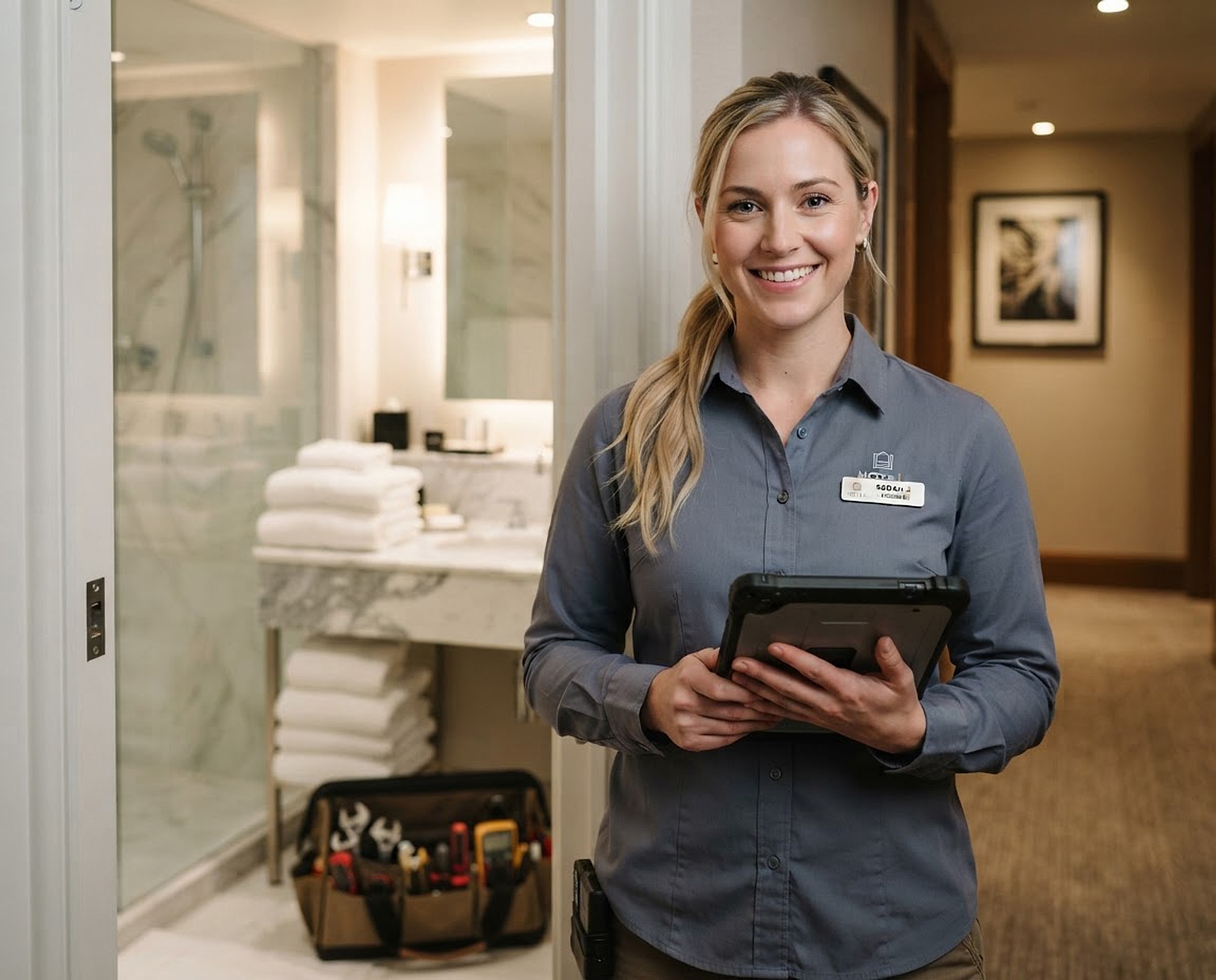Concept image: a hotel maintenance engineer with a tablet at a guest bathroom door