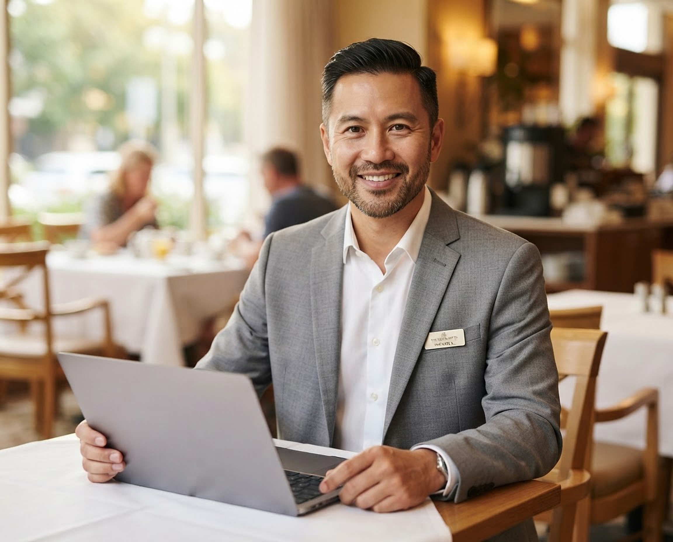 Concept image: a hotel finance controller with a laptop in the breakfast restaurant