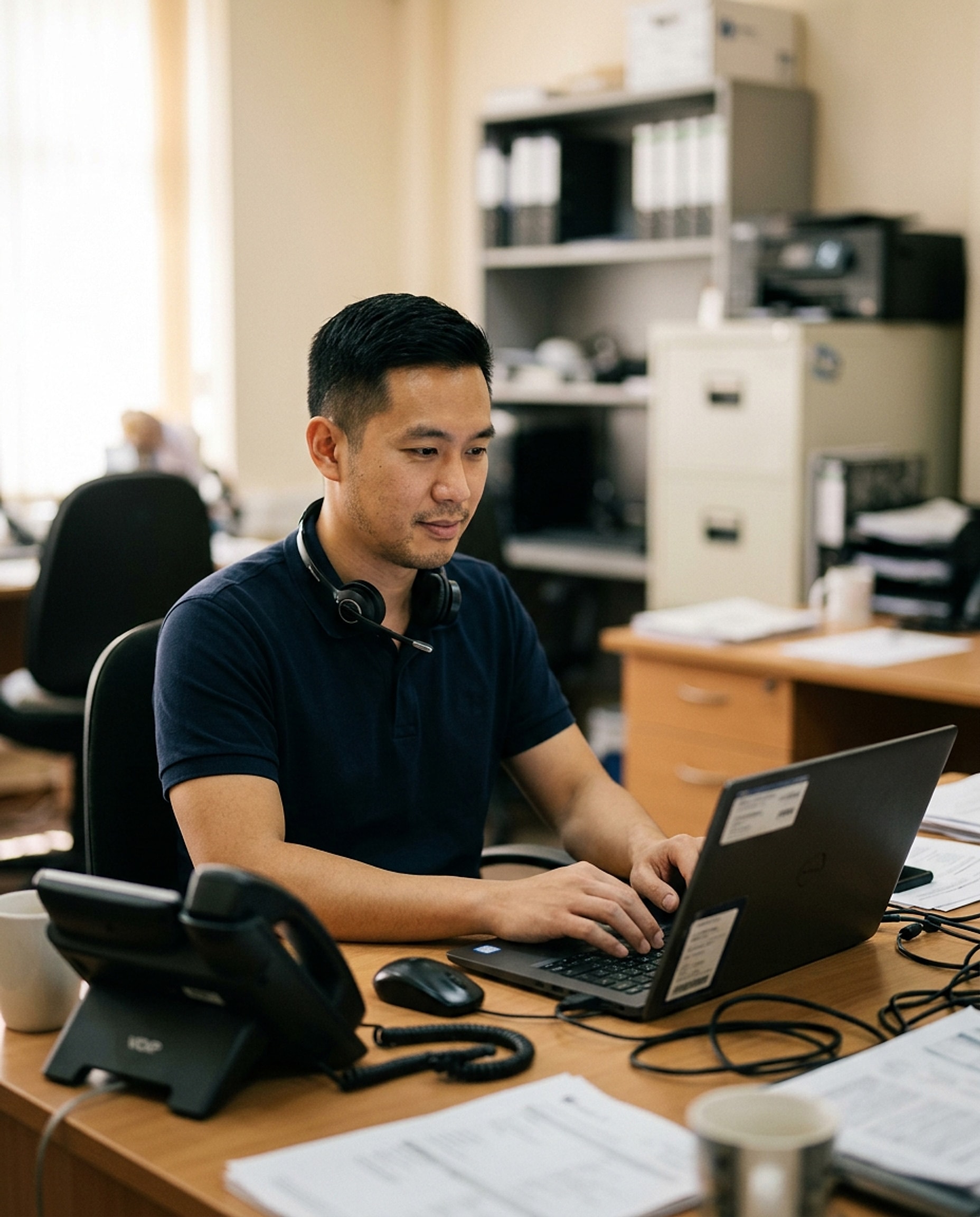 Concept image: a hotel IT support technician working a ticket on a laptop beside a desk phone