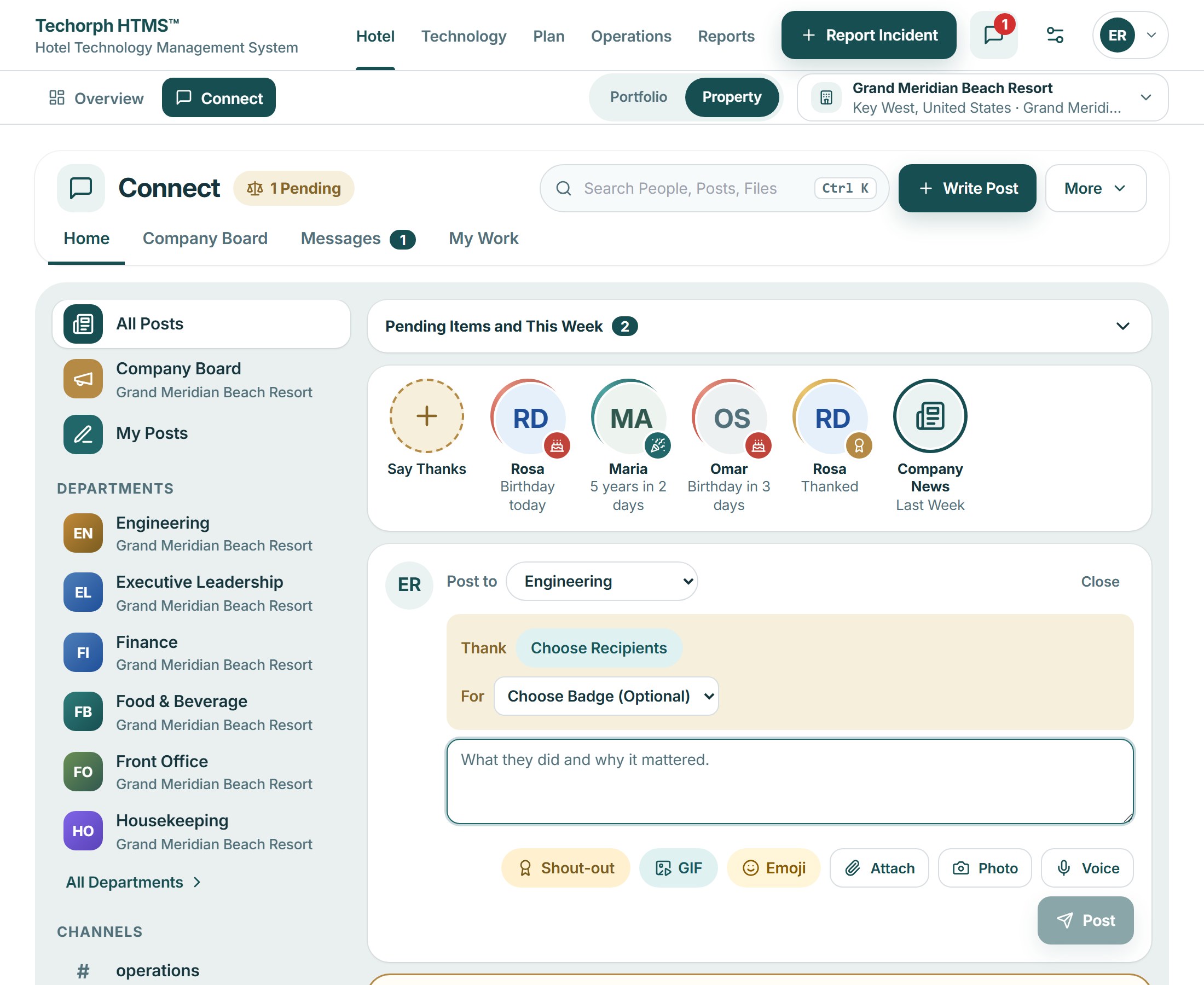 Connect shout-out box open under the stories row: choose people to thank, choose a badge, say what they did and why it mattered, then add a GIF, emoji, file, photo or voice note and post
