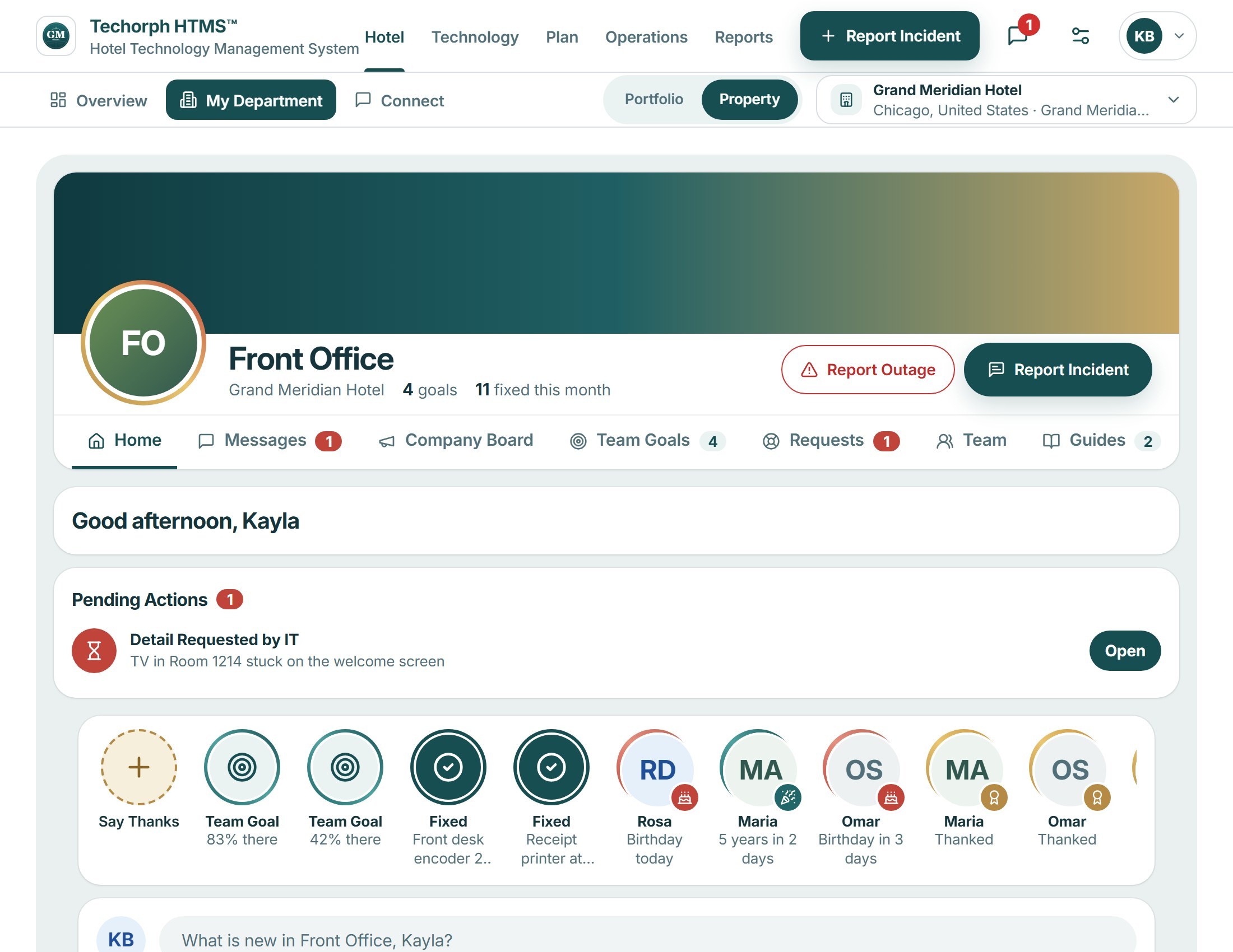 Front Office department space with its cover, goals, shortcuts, a pinned note from the department head and a shout-out