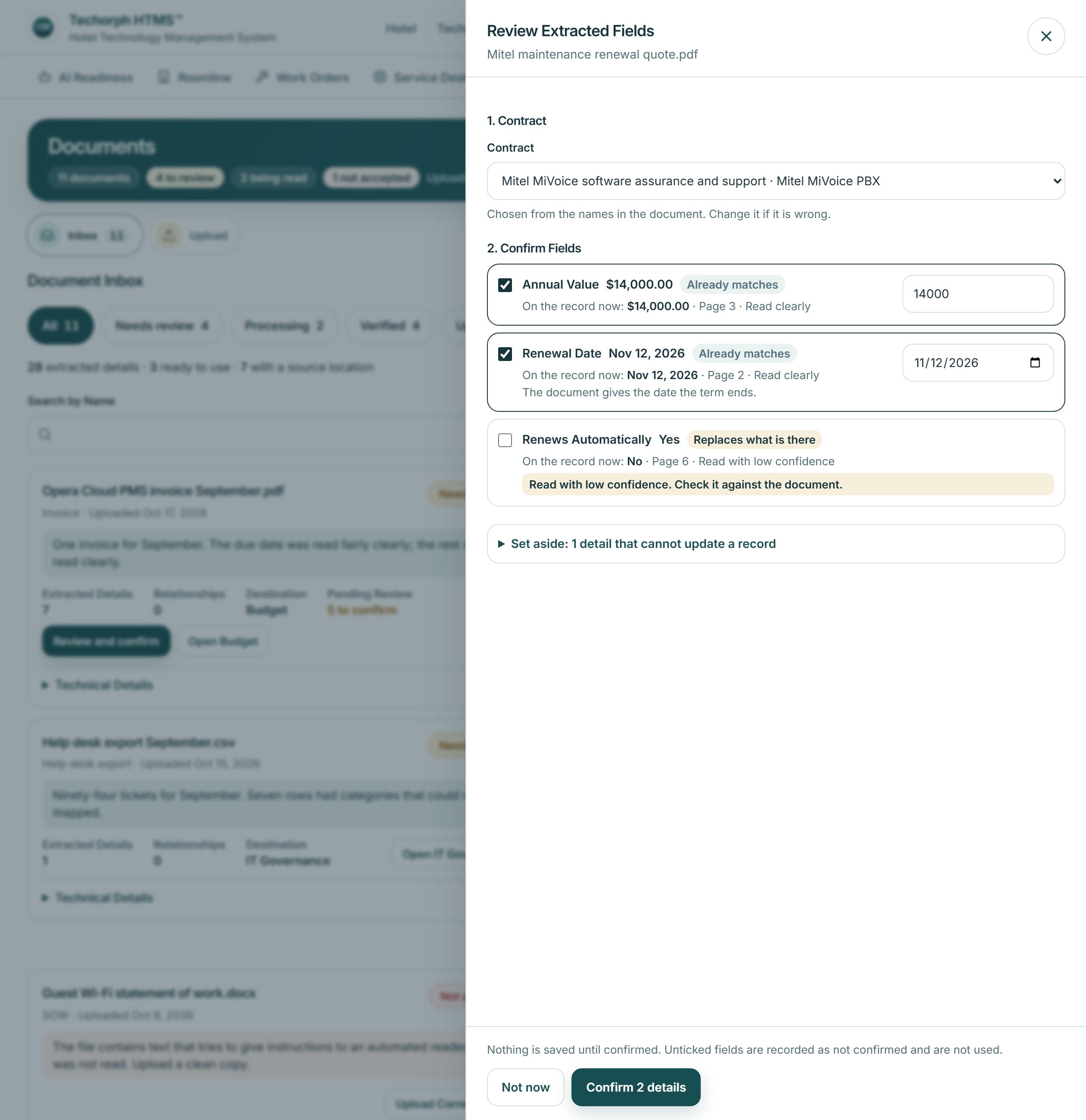 HTMS™ review of what was read from a contract quote: each detail shown against what is on the record now, with the page it came from and how clearly it was read, ticked by a person before anything is written