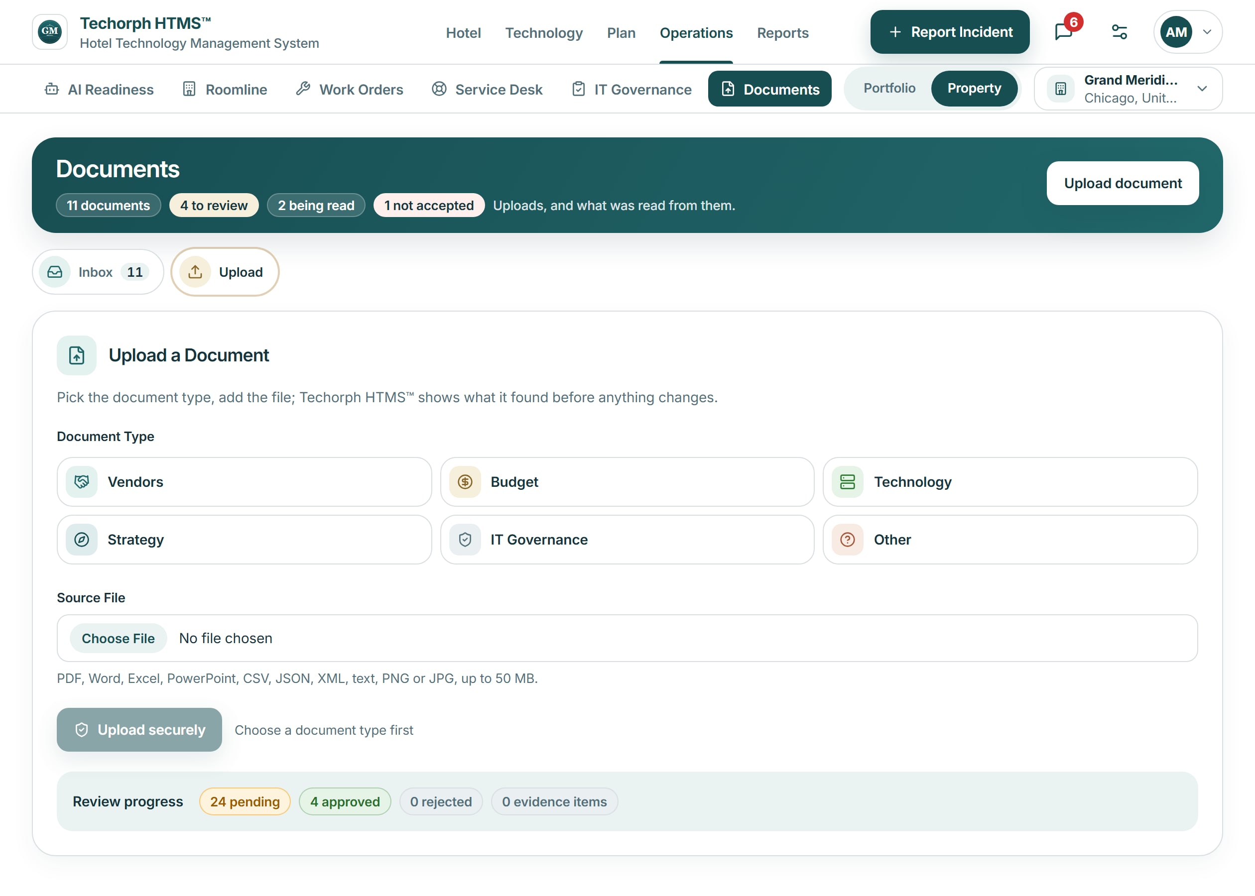 HTMS™ Documents upload: choose what kind of document it is (Vendors, Budget, Technology, Strategy, IT Governance or Other), add the file, and see what was found before anything changes
