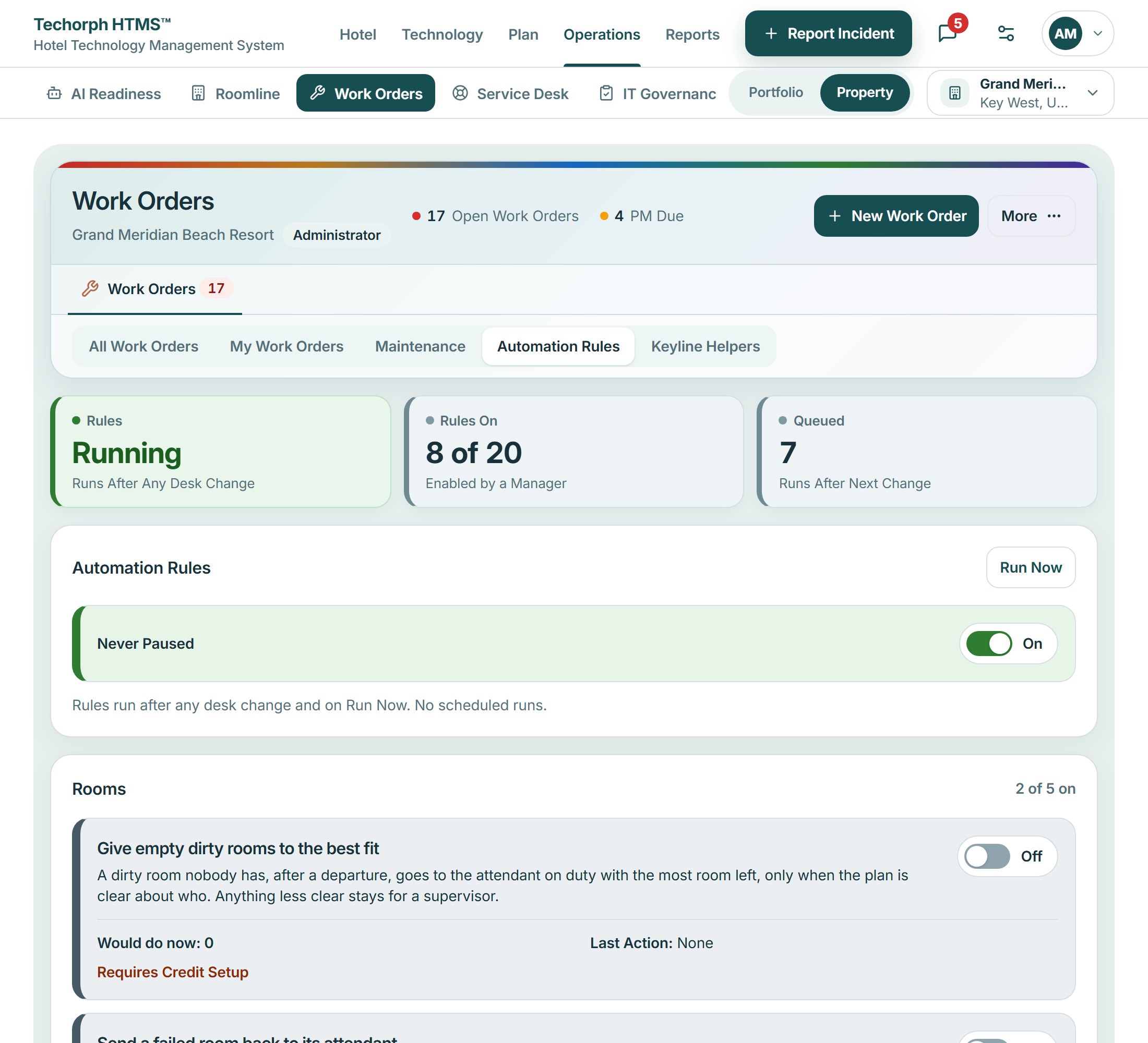 Work orders automatic rules: how many of the 20 rules are on, a master switch that pauses them all, and each rule with what it would do right now.