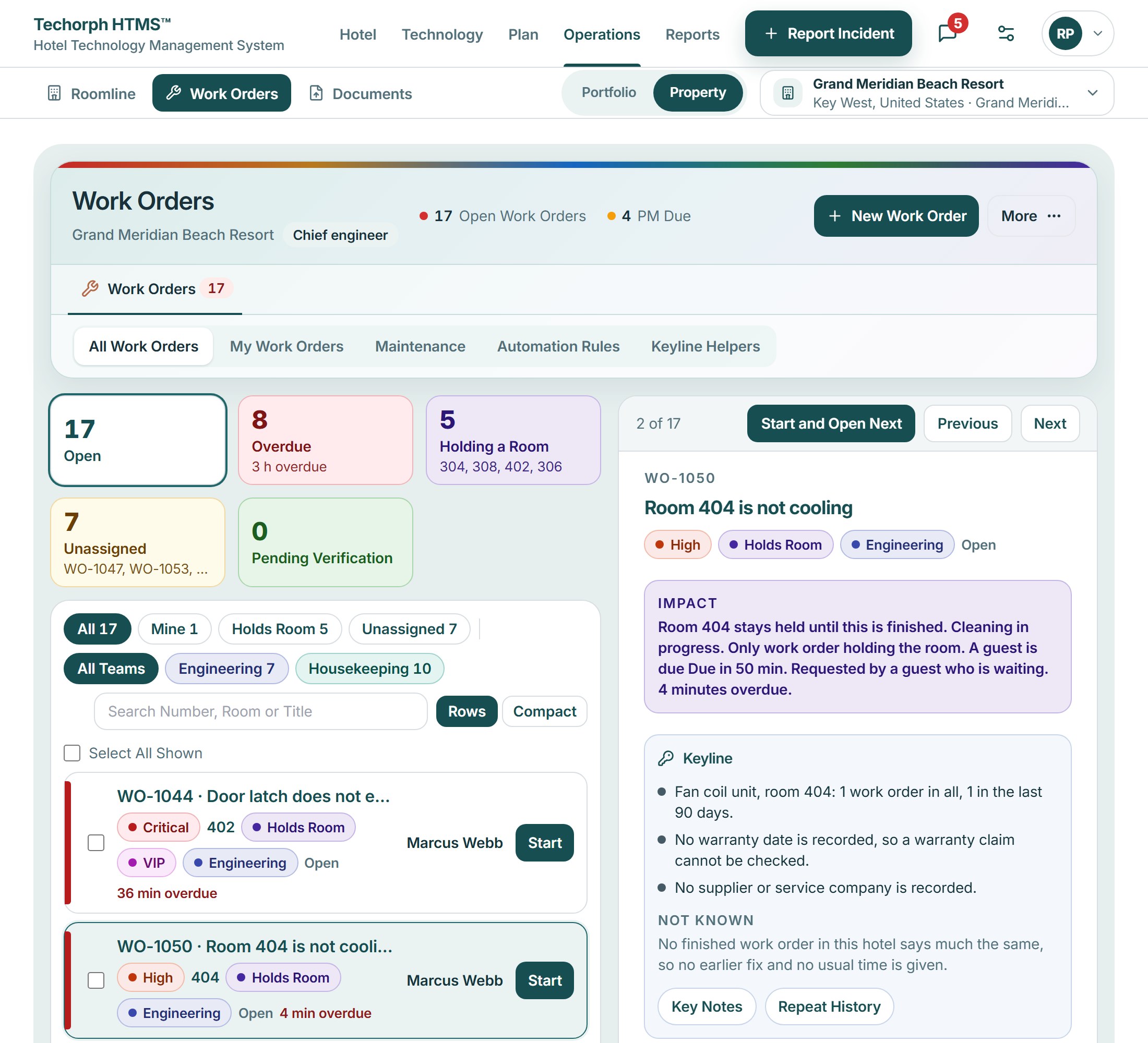 Work orders module with counts for open, overdue, holding a room and unassigned, a list of work orders each with priority, owner and due time and whether it holds a room, and the selected work order opened beside it.