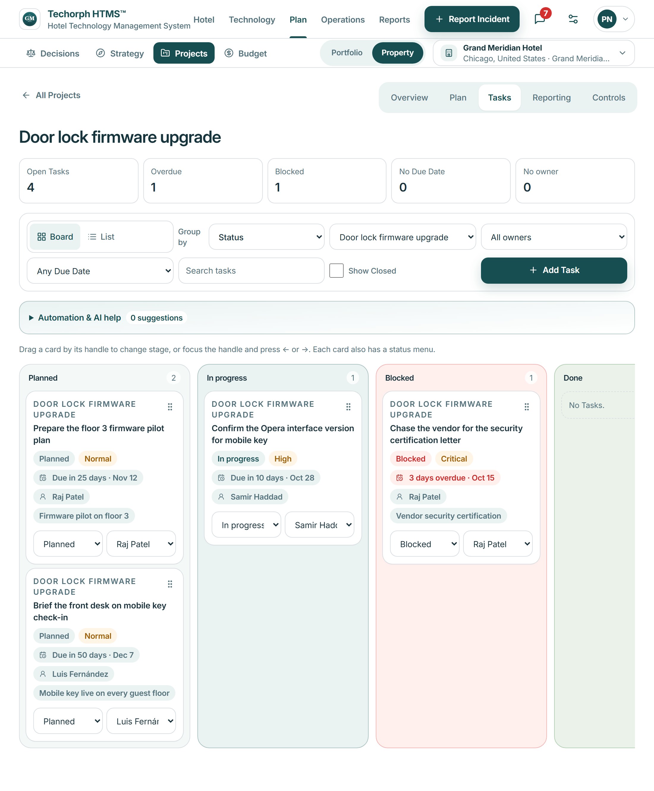 Project task management: a project’s tasks with owner, due date, status and blocked work