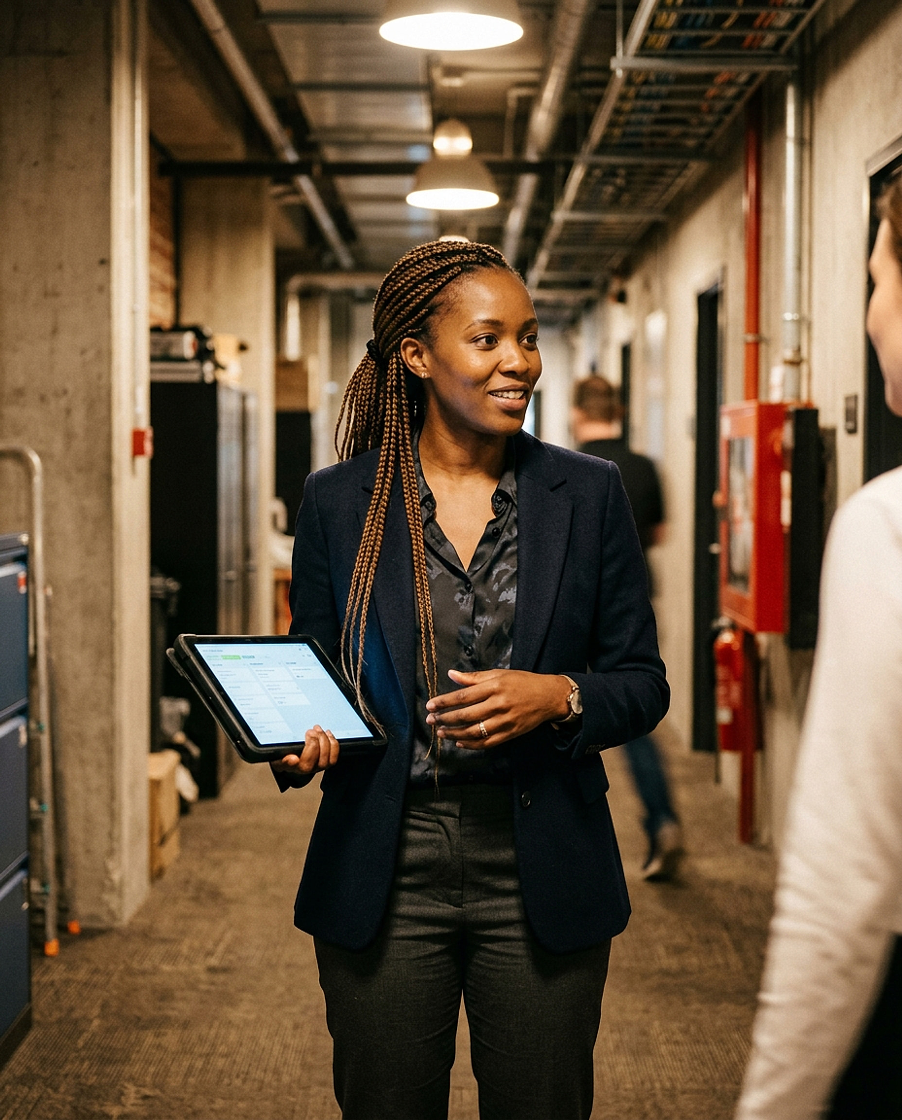 Concept image: a hotel technology project manager holding a tablet with a task board